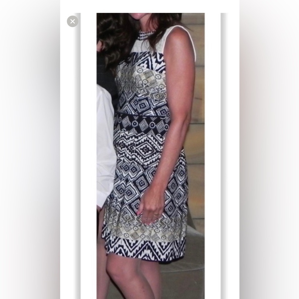 Roz & Ali Fit & Flair Geo Print Dress Sheer Studded Neckline/Black & Cream/4